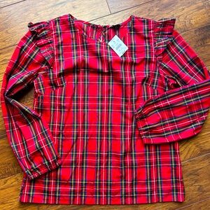 NWT J. Crew Tartain Plaid Ruffle Shoulder Gathered Sleeves Blouse Size S